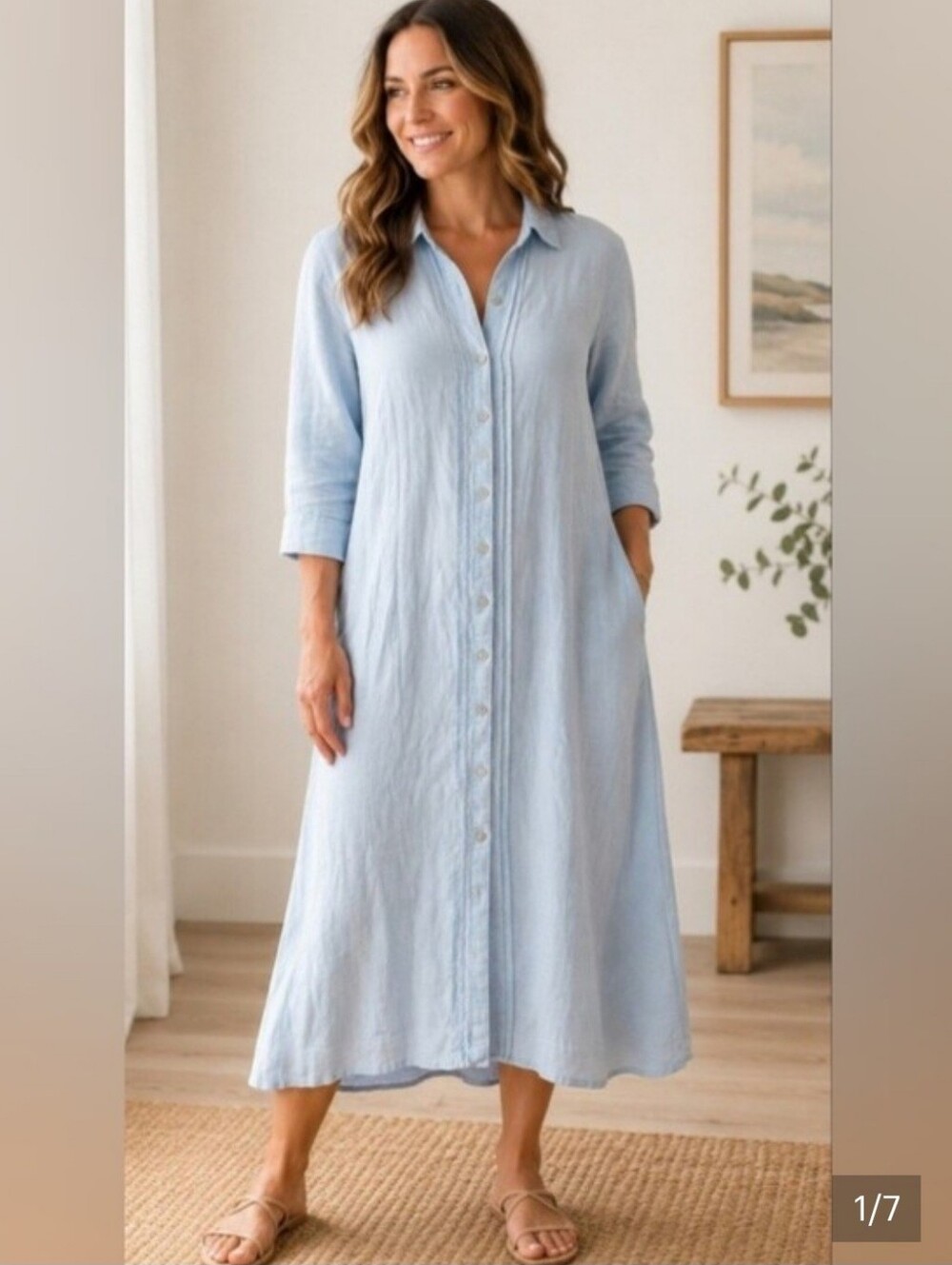 Calypso St. Barth Linen Blend Button Front Light Blue Shirt Dress Size Small